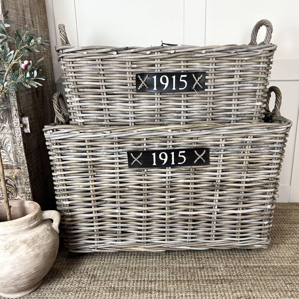1915 Large Wicker Baskets On Wheels By Cowshed Interiors