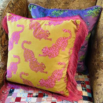 Psychedelic Tigers Velvet Fringe Cushion By Abigail Hardie Home ...