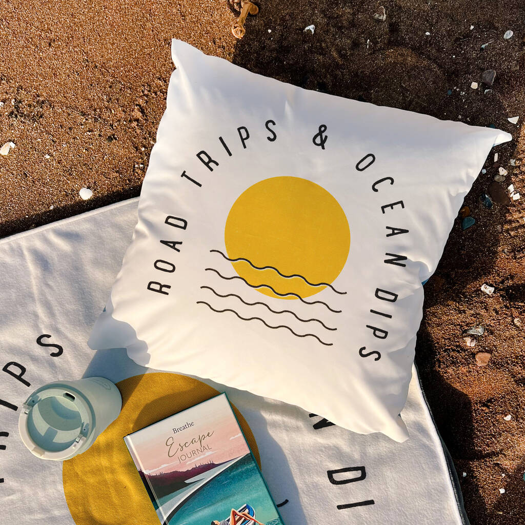 Road Trips And Ocean Dips Outdoor Cushion