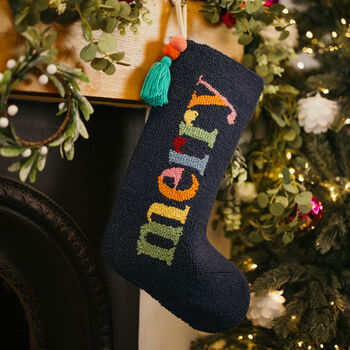 Christmas Stocking Navy Merry Design Punch Needle, 4 of 6