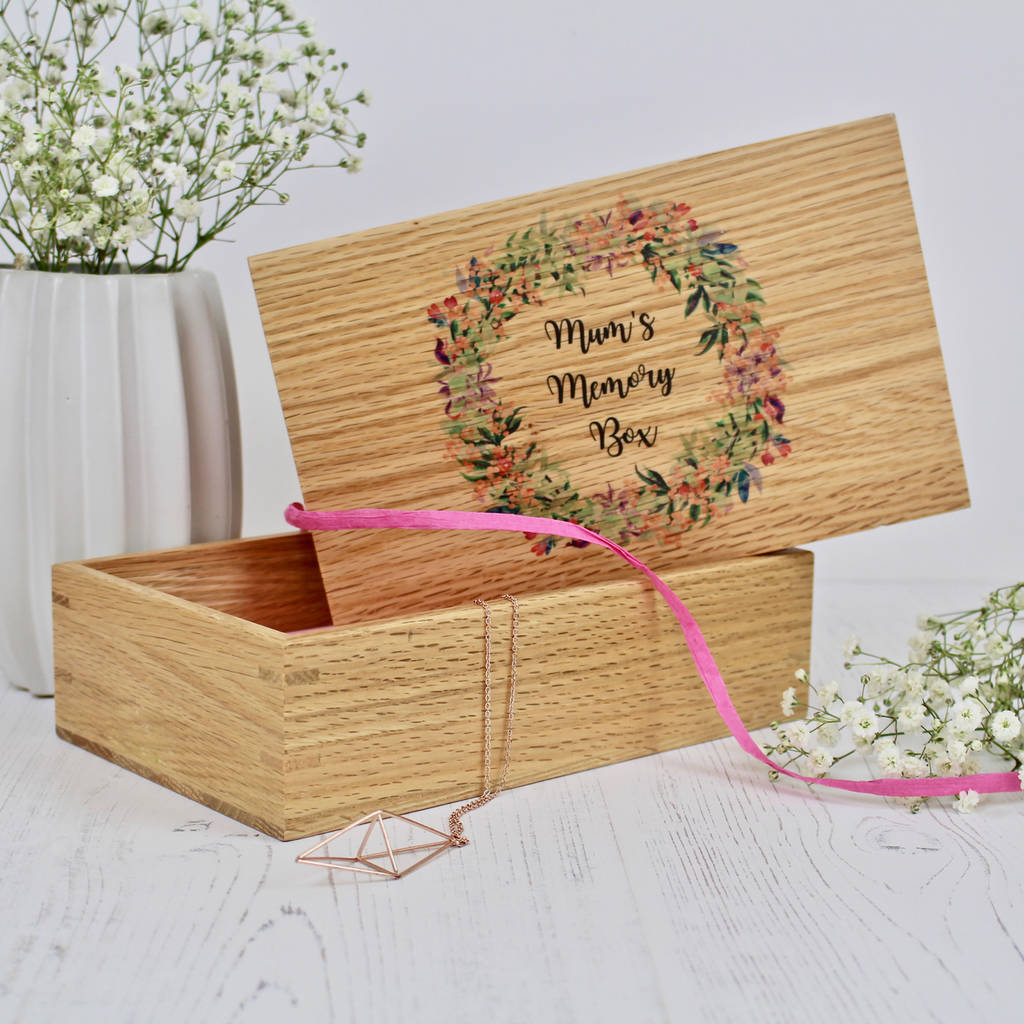 Solid Oak Keepsake Box With Floral Wreath, 1 of 3