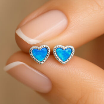 Sterling Silver Blue Opal Heart Stud Earrings – October Birthstone Jewellery, 2 of 4