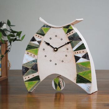 Large Mantel Clock In Shades Of Green Triangle Motif, 3 of 8