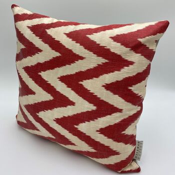 Square Ikat Silk Cushion Red Zigzag, 2 of 8