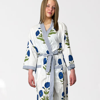 Blue Flower Block Print 100% Cotton Dressing Gown Kimono, 3 of 11