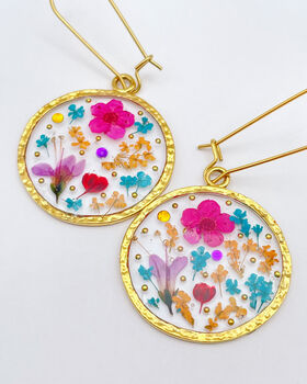 Real Pink Blue Flowers Circle Earrings Medium Hand Made, 2 of 9