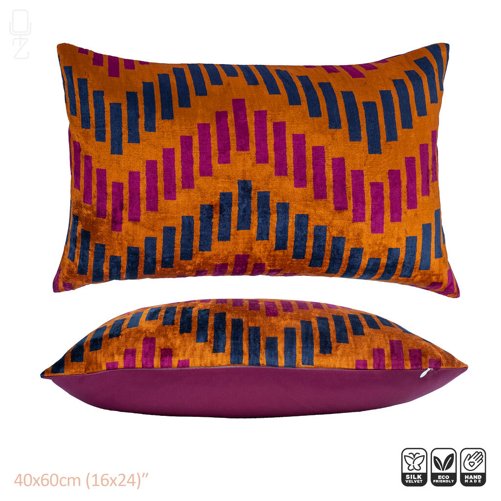 Pink & Orange Velvet Pillow Cover with Traditional Ikat Pattern | Front side is 100% Silk Velvet, Back newest side is Soft Pink Fabric | OEKO-TEX®