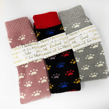 Personalised Christmas Paw Print Welly Socks With Gold Foil Label, 2 of 10