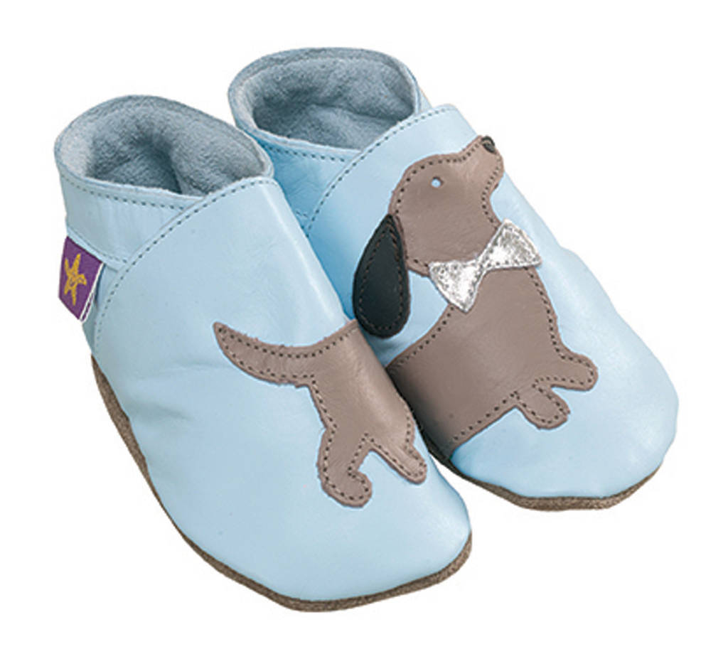 Boys, Girls Soft Leather Baby Shoes Blue With Daschund