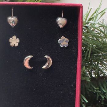 Heart Flower And Moon Three Pairs Of Sterling Silver Earrings, 3 of 4
