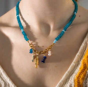 Fish And Pearl Charms Teal Bead Necklace, 3 of 4