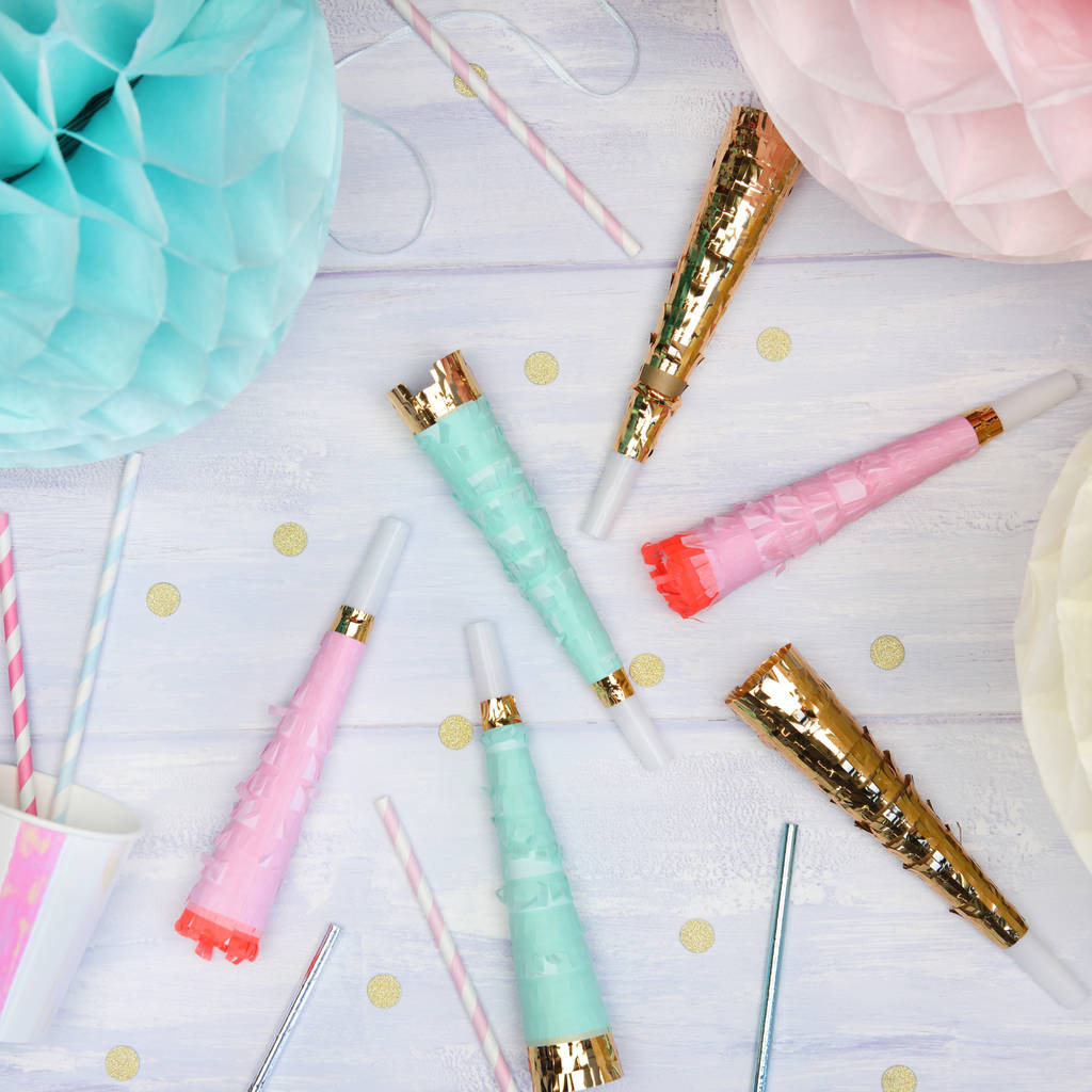 pastel and gold foil fringed party horns by postbox party ...