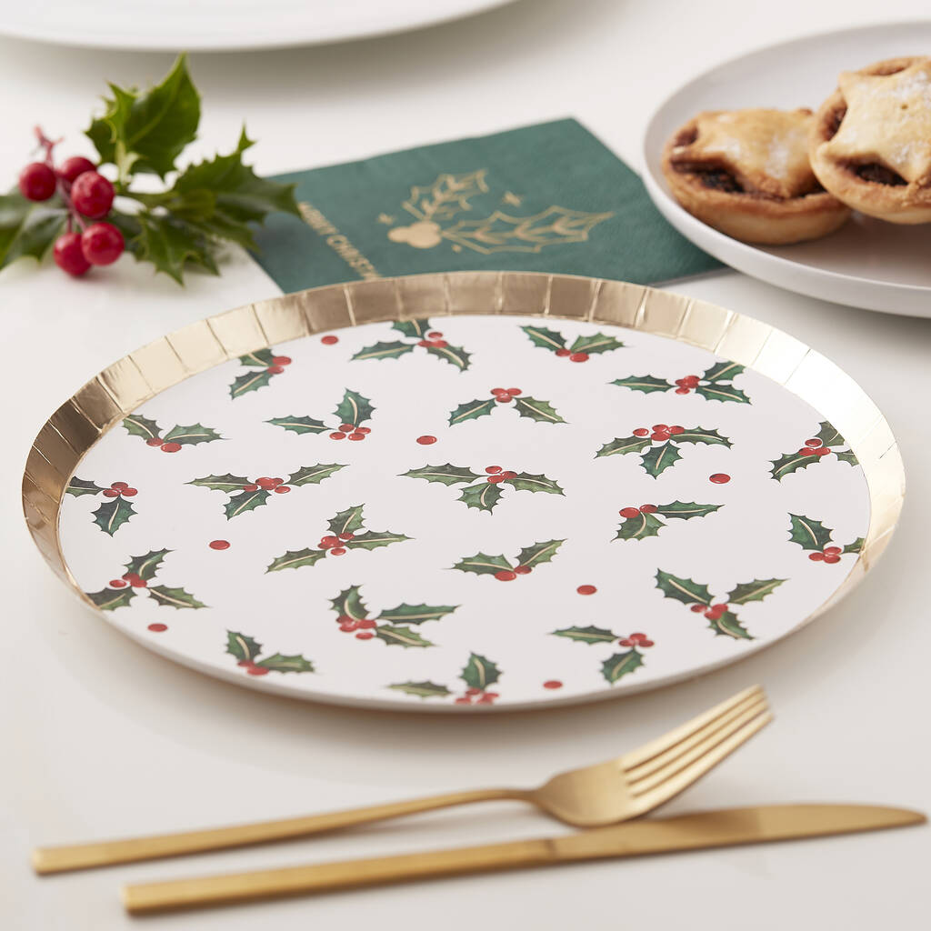 Gold Foiled Holly Leaf Christmas Paper Plate, 1 of 2