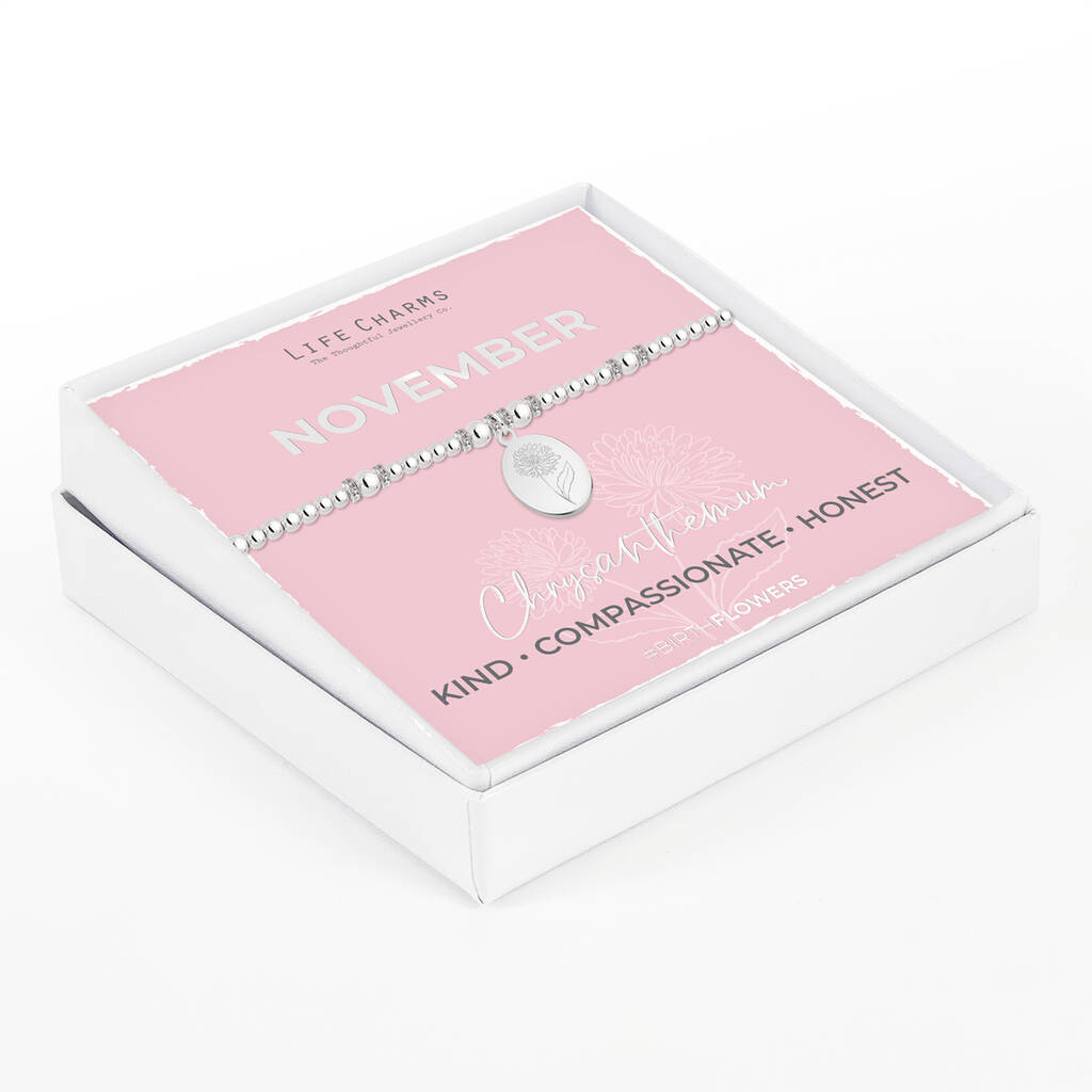 November Birth Flower Silver Plated Beaded Charm Bracelet, 1 of 3