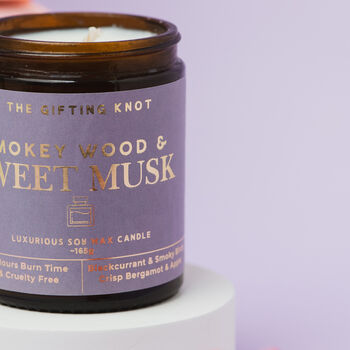 Smokey Wood And Sweet Musk Soy Wax Candle – Luxury Amber Jar Candle, 6 of 8