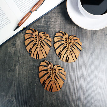 Wooden Drinks Coasters With Monstera Leaf Design, 4 of 6