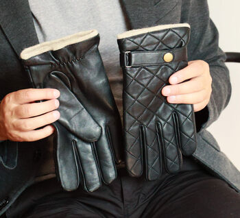 Men's Quilted Leather Gloves With Strap Detail, 2 of 11