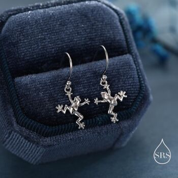Sterling Silver Tiny Frog Drop Hook Earrings, 2 of 11