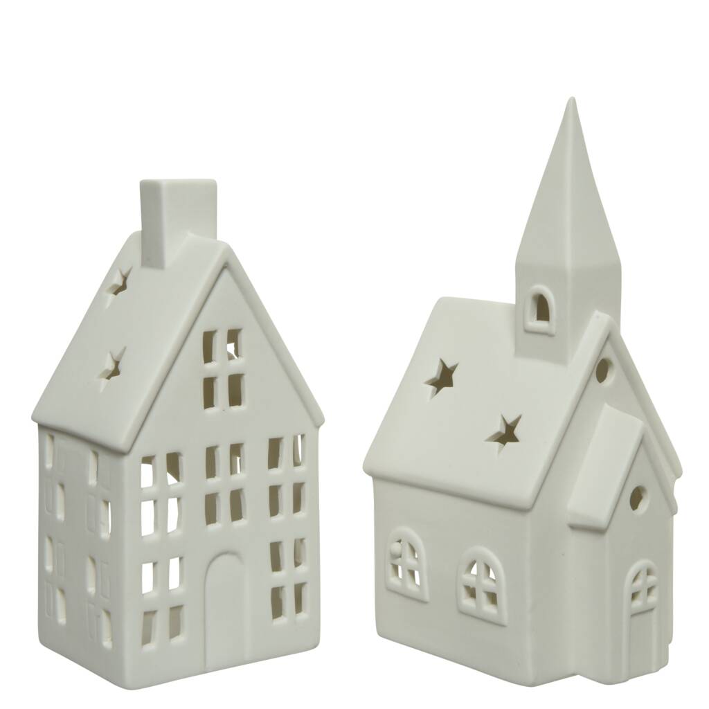 Set Of Two Porcelain House Tealight Holders