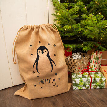 Personalised Christmas Penguin Hessian Sack, 2 of 4