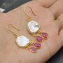 Pearl Ruby Earrings, June, July Birthstone Dangle Drop Gold Earrings, thumbnail 5 of 8