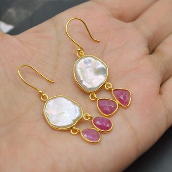 Pearl Ruby Earrings, June, July Birthstone Dangle Drop Gold Earrings, 5 of 8