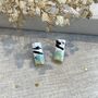 Mint Green And Gold Ceramic Bar Stud Earrings Abstract Splatter Minimalist Studs, thumbnail 1 of 10