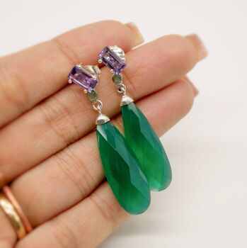 Green Onyx, Emerald, Amethyst Dangle Earrings, 2 of 10