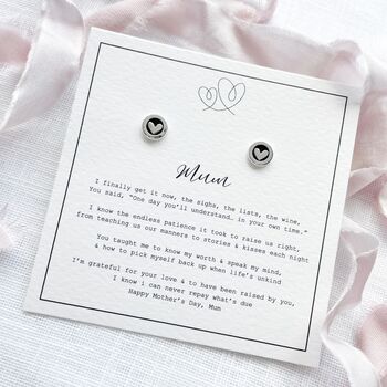 Sterling Silver Heart Stud Earrings With ‘Mum’ Poem Gift Card – Meaningful Mother’s Day Gift, 2 of 10