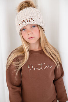 Child's Personalised Name Embroidered Faux Fur Pompom Bobble Hat, 3 of 7