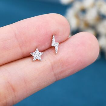 Mismatched Tiny Cz Star Lightning Bolt Stud Earrings, 2 of 8