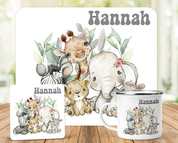 Kids Personalised Animals Placemat, Coaster And Mug Dinner Set, 2 of 4