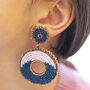 Pink And Navy Round Beaded Statement Earrings, thumbnail 2 of 4
