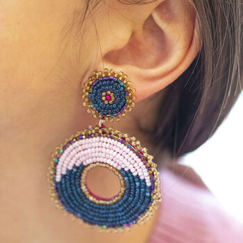 Pink And Navy Round Beaded Statement Earrings, 2 of 4