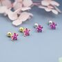 Sterling Silver Ruby Pink Cz Flower Barbell Earrings, thumbnail 4 of 11