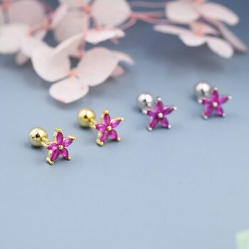 Sterling Silver Ruby Pink Cz Flower Barbell Earrings, 4 of 11