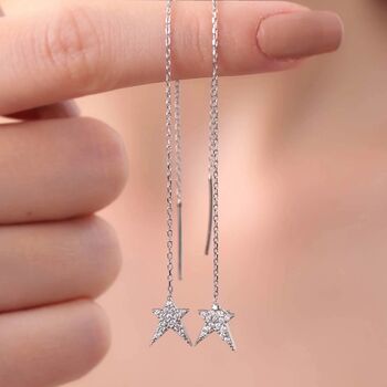 Star Starbust Sterling Silver Chain Drop Earring Pair, 2 of 3