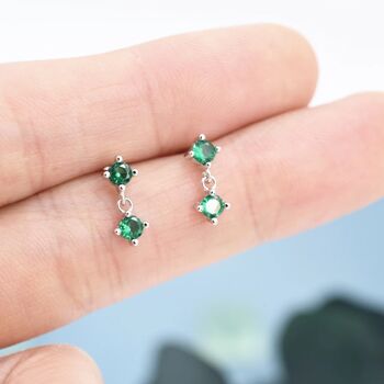 Tiny Emerald Green Double Cz Dangle Stud Earrings, 6 of 10