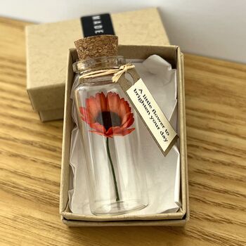 Tiny Gerbera Daisy In A Bottle With Personalised Tag, 8 of 11
