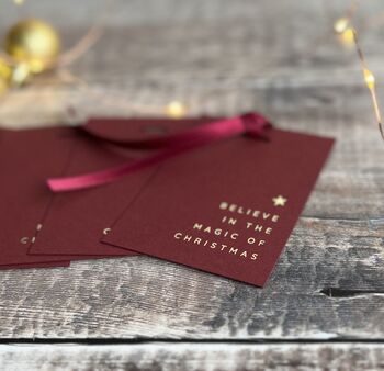 Crimson Red Xmas Gift Tags With Gold Foil Set Of Five, 2 of 3