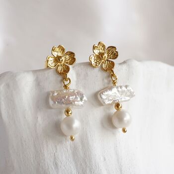 Pearl And Flower Gold Dangle Earrings, 4 of 6
