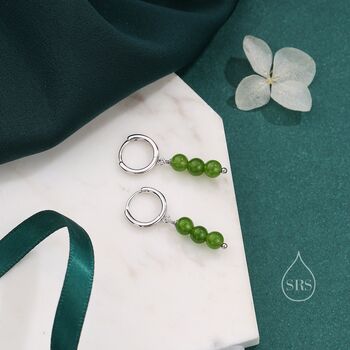 Sterling Silver Genuine Jasper Jade Stone Trio Huggie Hoop Earrings, 4 of 11