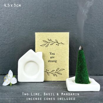 East Of India Matchbox Incence Holder And Two Incence Cones Lime Basil And Mandarin 'You Are Strong', 2 of 3