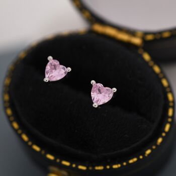 Sterling Silver Tiny Tourmaline Pink Cz Heart Stud Earrings, 3 of 12