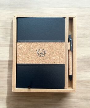 Bulldog A5 Cork And Faux Leather Notebook In Gift Box With Matching Pen, 5 of 6