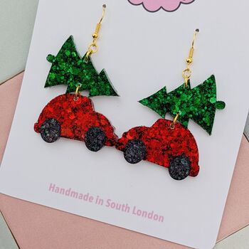 Christmas Tree On A Car Glitter Resin Earrings, 3 of 4