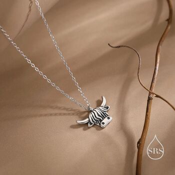 Oxidised Sterling Silver Highland Cow Pendant Necklace, 5 of 12