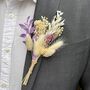White And Purple Dried Floral Buttonhole, thumbnail 1 of 2