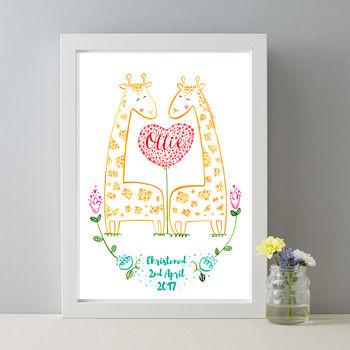 Personalised Baby Name Christening Giraffe Gift Print, 2 of 6