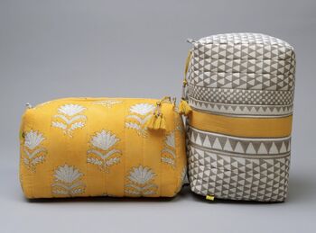 Sankari Geo Stripe Pattern Wash Bag In Mustard / Grey, 4 of 6